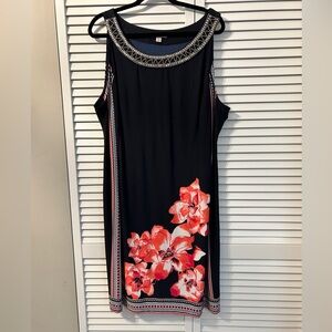 Elegant Black and Pink Floral Midi Dress with gold studded neckline